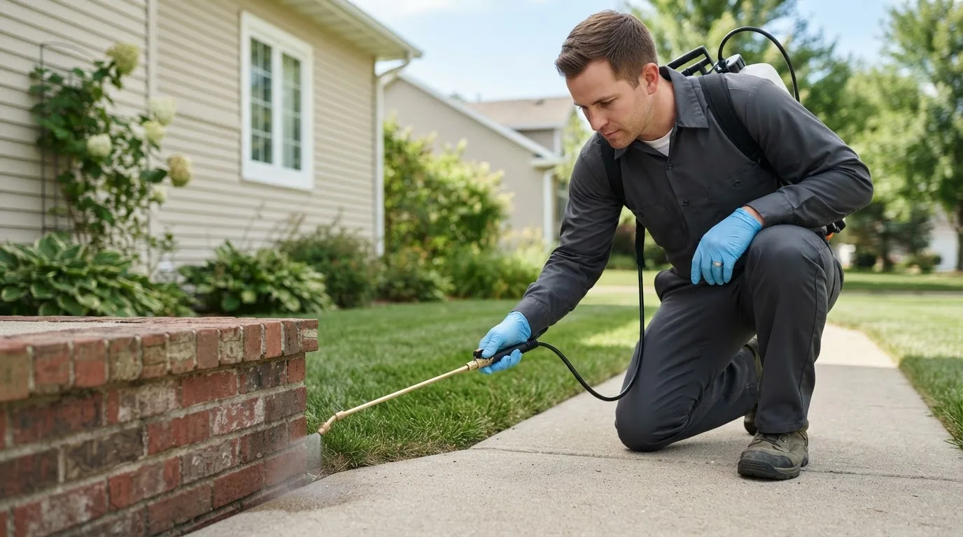 Pest control technician treating a home near East Syracuse, NY