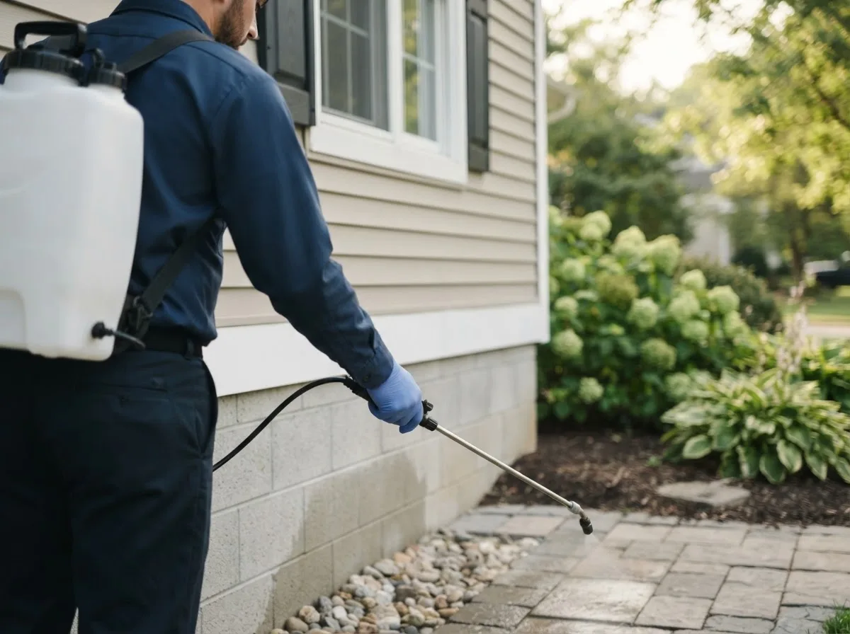 Pest control technician inspecting a home in East Syracuse, NY